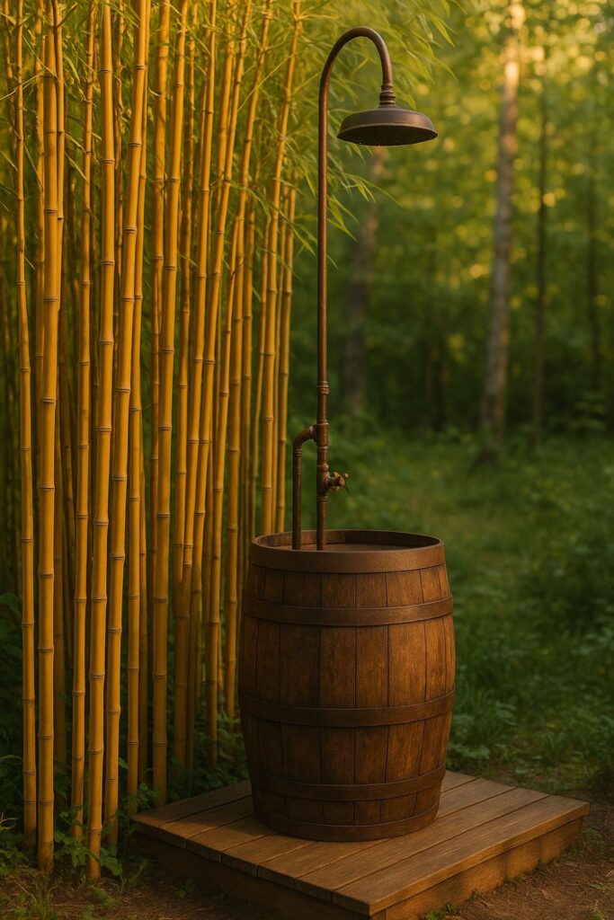A rustic outdoor shower enclosed by tall bamboo stalks, with a rainfall showerhead above a wooden platform, glowing in warm sunlight.