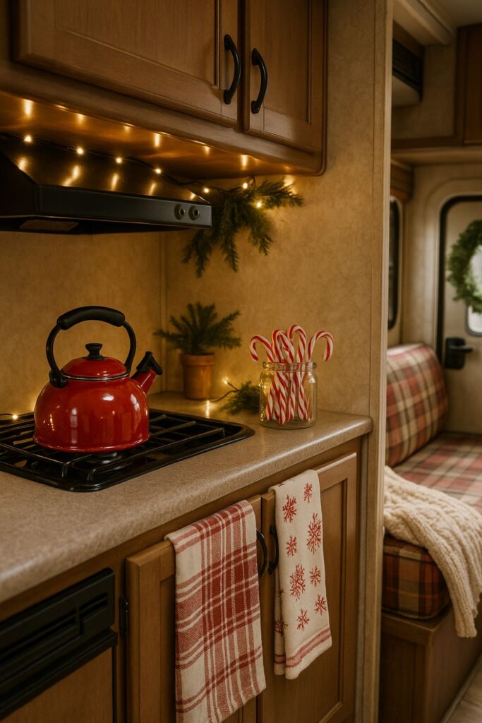 Portrait of a Christmas-decorated RV kitchen with a red kettle on the stove, a jar of candy canes on the counter, seasonal tea towels, fairy lights, plaid seating, and a sprig of greenery creating a warm holiday look.
