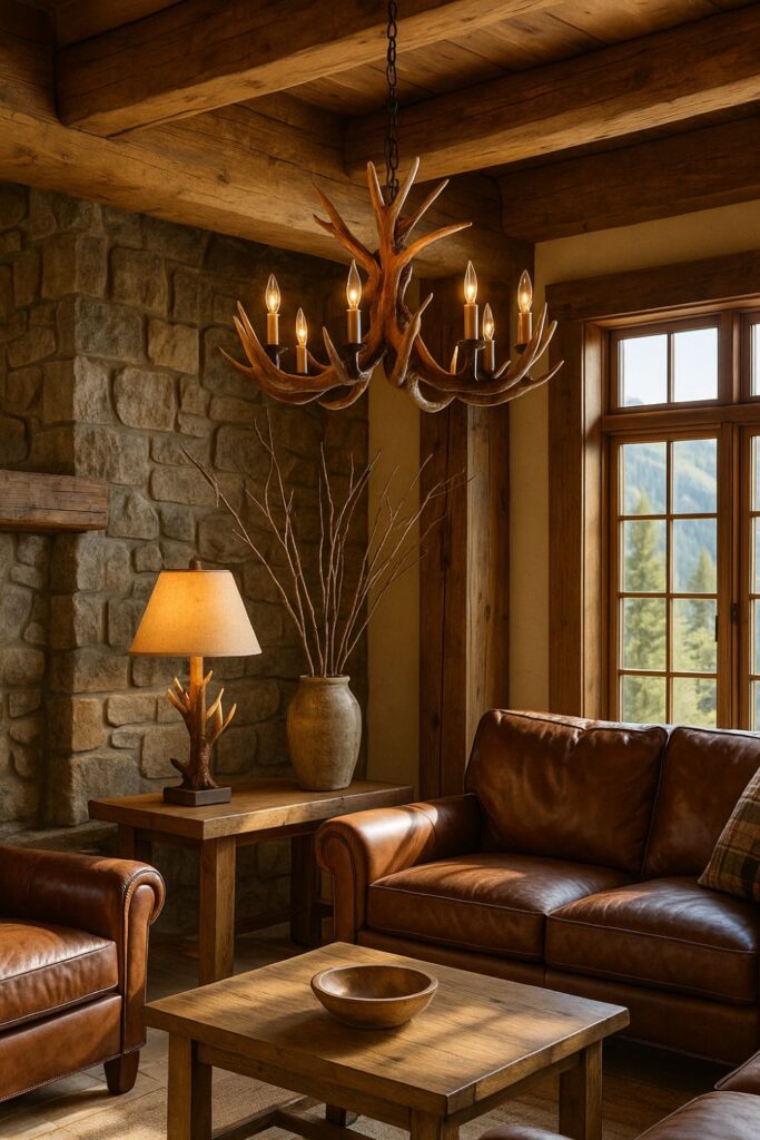 “Daytime mountain lodge interior with an antler chandelier, antler-base lamp on a wooden side table, tall vase of dried branches, stone walls, timber beams, and leather seating.”