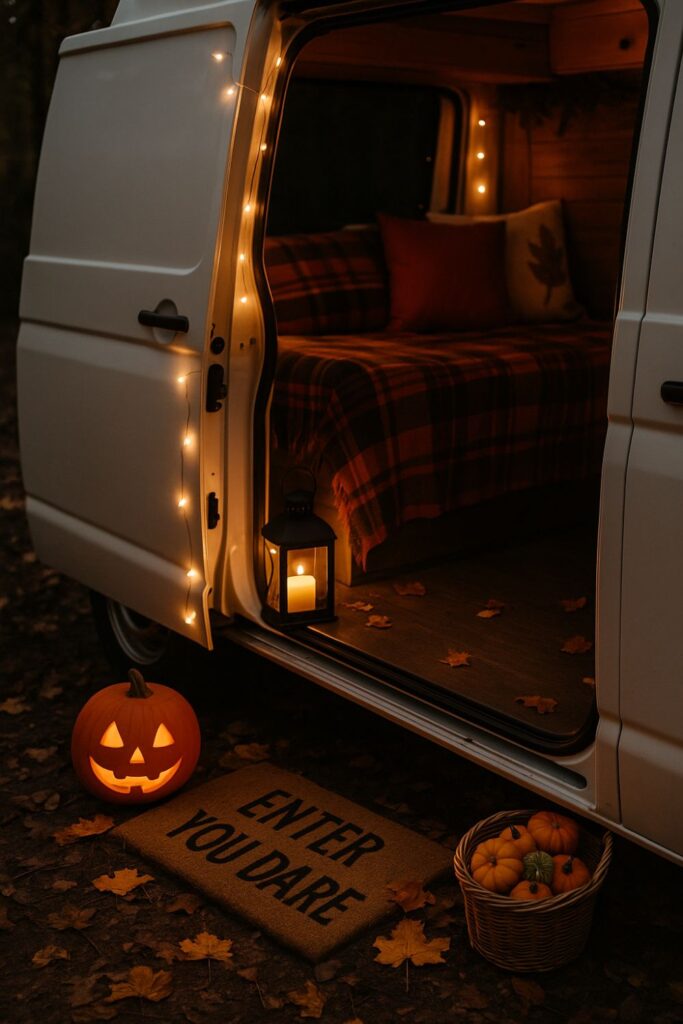A camper van entry decorated for Halloween with a festive doormat, glowing pumpkin lantern, basket of gourds, and fairy lights framing the doorway, with plaid blankets visible inside.