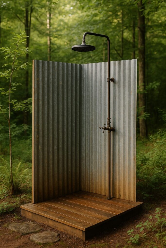 A rustic outdoor shower with a corrugated tin backdrop, exposed piping, and a rainfall showerhead, set on a wooden platform in a forest clearing.