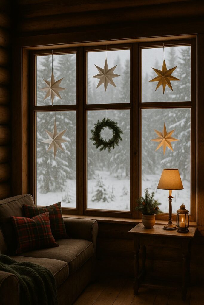 A mountain lodge living room with windows decorated with hanging paper stars, glowing softly as they frame a snowy pine forest view.