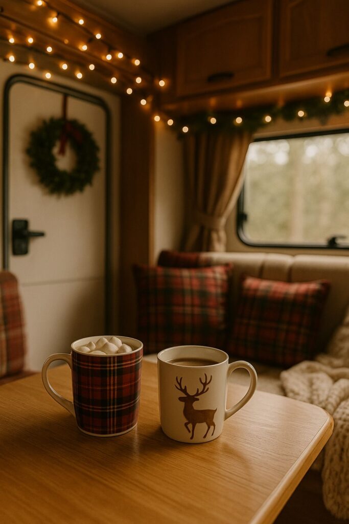 Portrait of an RV decorated for Christmas with a plaid mug of cocoa topped with marshmallows and a reindeer mug on the table, fairy lights strung above, a wreath on the door, and plaid cushions on the seating.