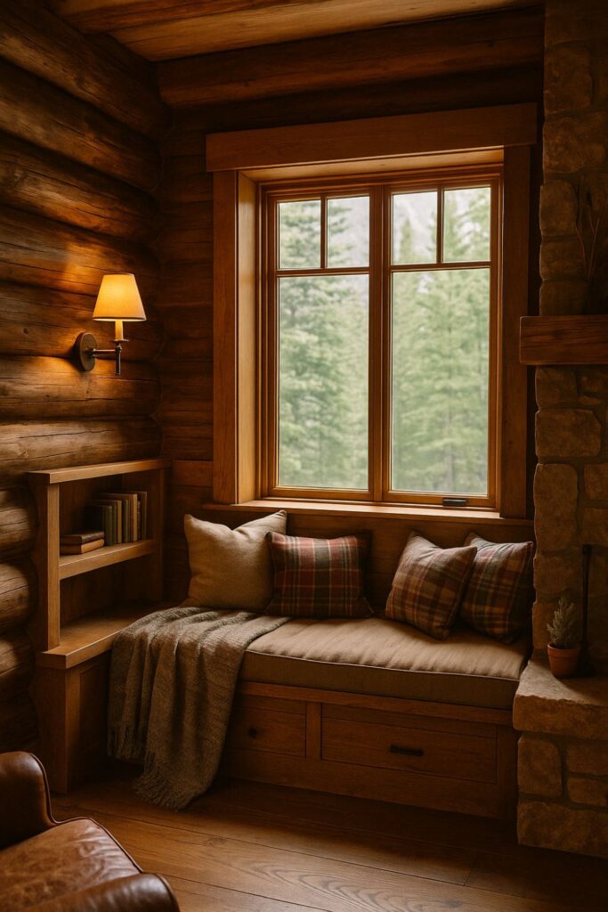 “Daytime mountain lodge reading nook with built-in wooden bench under a window, woollen blanket, plaid cushions, small bookshelf, wall sconce, and forest view outside.”