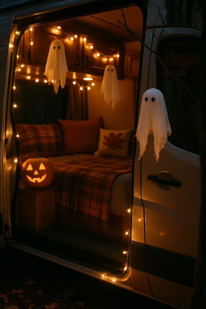 A camper van decorated for Halloween with small cheesecloth ghosts hanging from cupboard handles and tree branches, glowing softly under fairy lights beside pumpkins and plaid blankets.