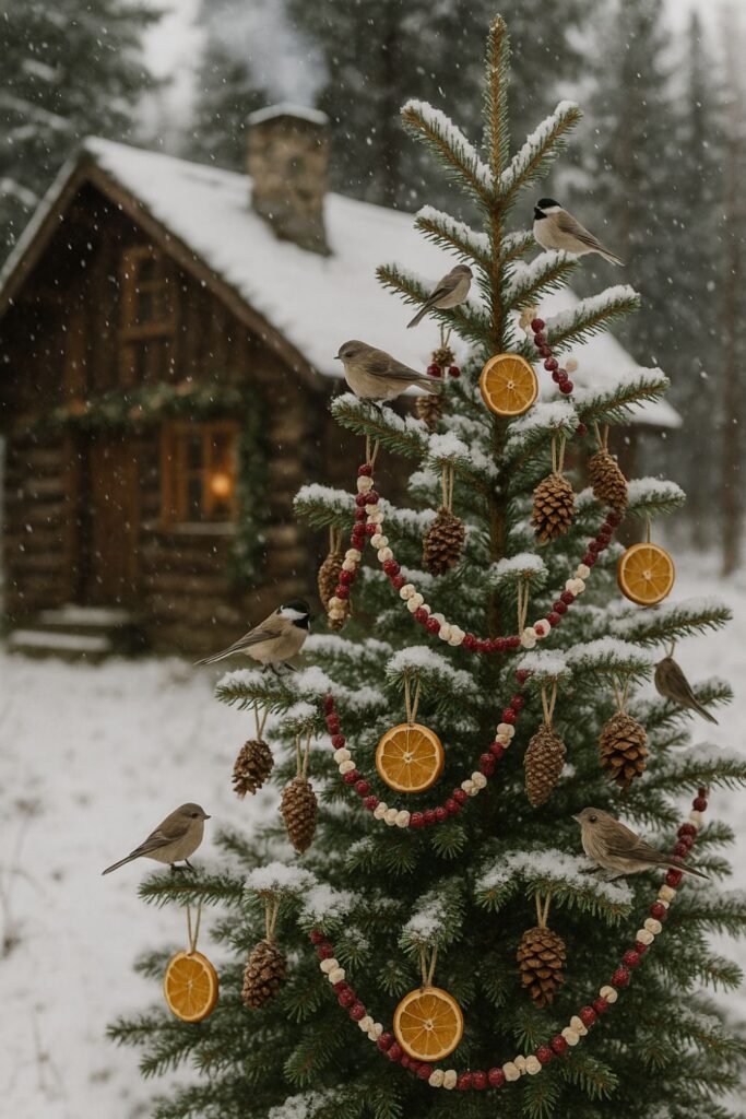 A snowy outdoor pine tree decorated with cranberry and popcorn garlands, pinecone feeders, and dried orange slices for birds at a mountain lodge.