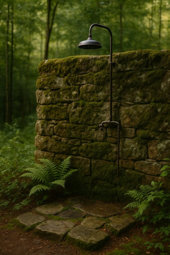 A rustic outdoor shower set against a mossy stone wall, with a rainfall showerhead above and ferns growing around the base in a woodland setting.