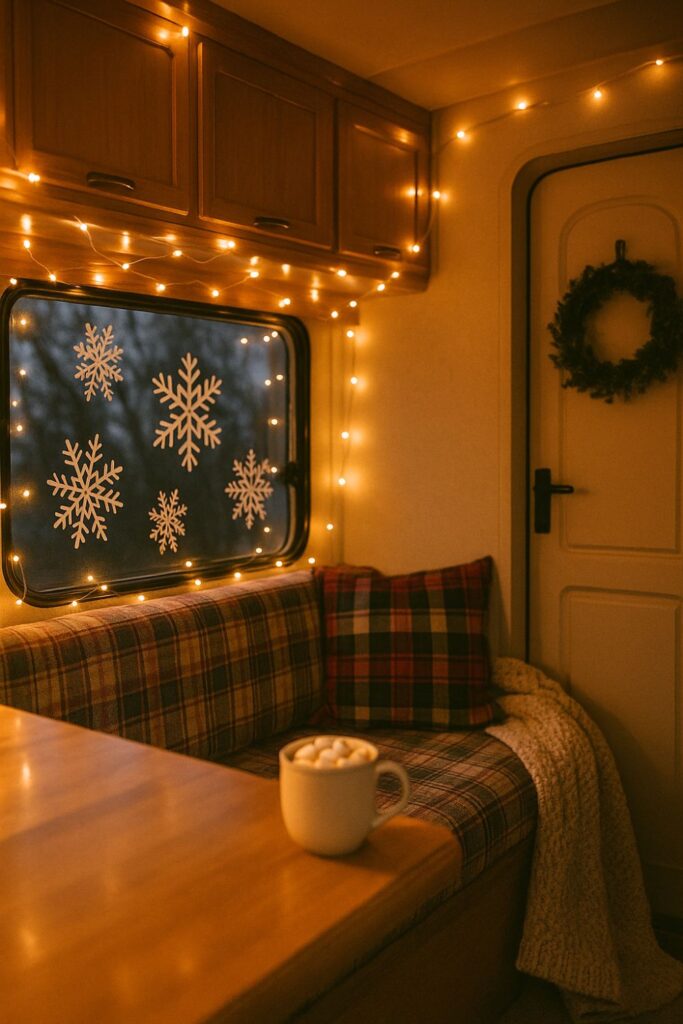 Portrait of an RV decorated for Christmas with snowflake window clings, fairy lights glowing around the window, plaid cushions and a knit blanket on the seating, and a mug of cocoa on the table.