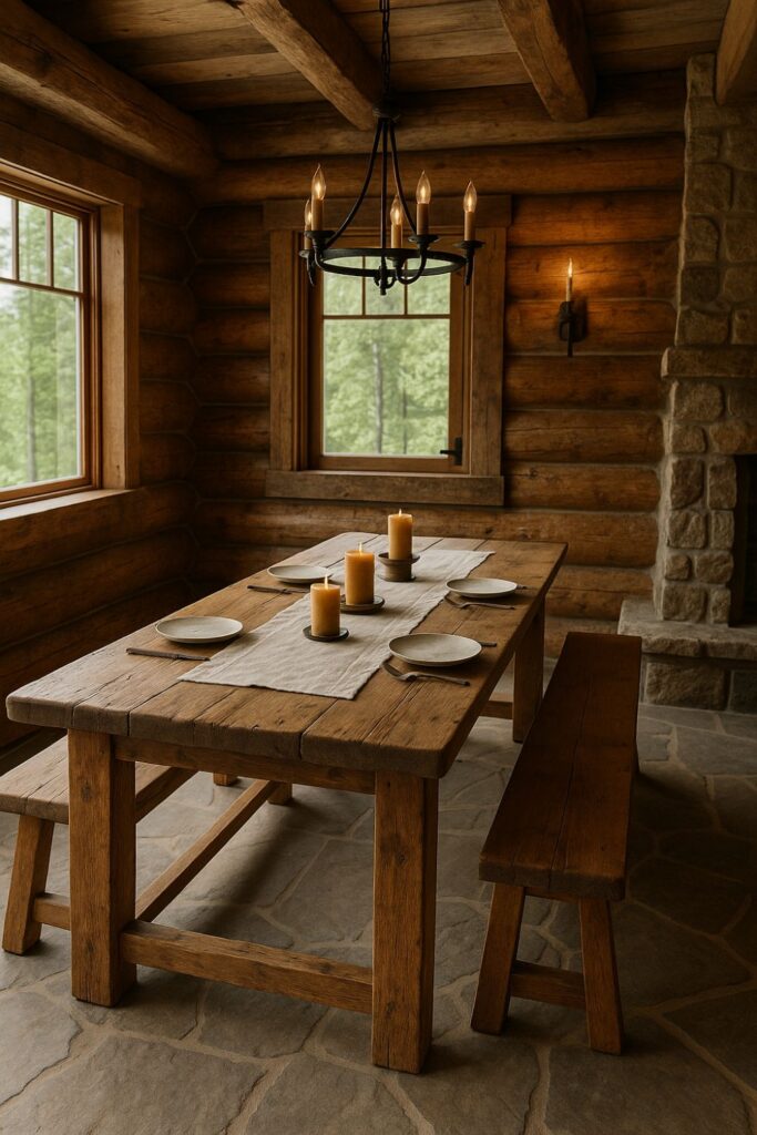 “Daytime mountain lodge dining area with a rustic timber table, benches, linen runner, stoneware plates, beeswax candles, timber beams, stone walls, and sunlight streaming through windows.”