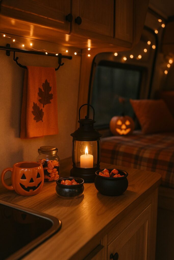 A camper van kitchenette styled for Halloween with a pumpkin mug, autumn tea towels, a jar of sweets, and a glowing lantern beside a cosy plaid interior.