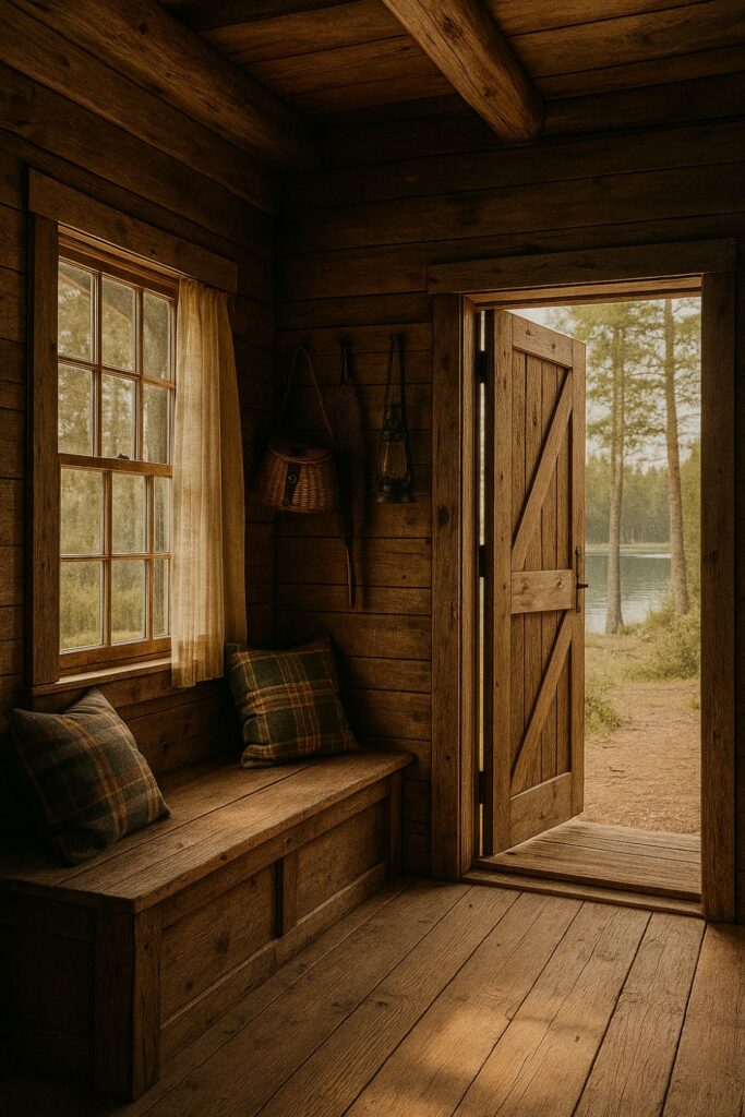 Rustic fishing cabin interior with reclaimed wood walls, linen curtains, and plaid cushions on a wooden bench. Sunlight filters through a window, illuminating the warm timber tones and vintage fishing gear, creating a calm and inviting lakeside atmosphere.