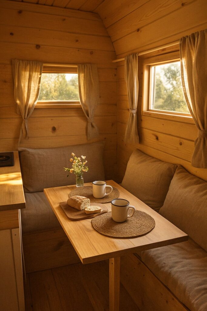 A compact camper van breakfast nook with a fold-out wooden table, linen cushions, and enamel mugs on woven placemats. Morning sunlight filters through linen curtains, casting a golden glow across fresh bread and wildflowers in a small vase. The scene feels warm, rustic, and inviting — a perfect vanlife café moment.