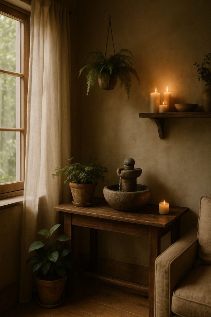 A rustic entryway with a small stone tabletop fountain on a wooden console surrounded by green plants. Sheer curtains billow slightly beside an open window, and candles flicker nearby. A hanging fern adds motion to the calm, earthy space, evoking the soothing rhythm of water and forest air.