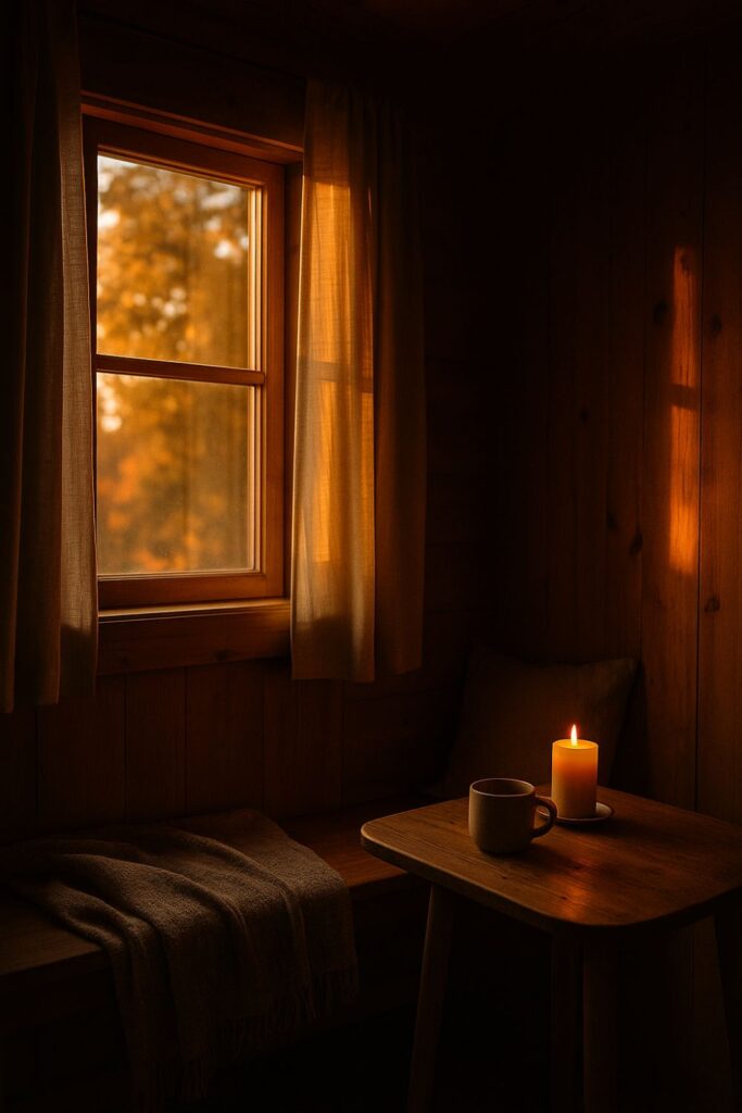 A tiny wooden cabin interior glows with sunset light. A candle and ceramic mug sit on a small wooden table, while linen curtains shimmer gold in the fading sun, creating a peaceful autumn mood.