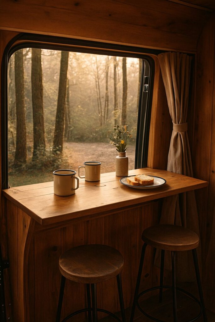 A camper van breakfast bar built along an open side hatch, with two stools facing the outdoors. The wooden counter holds enamel mugs, toast, and a vase of wildflowers. Morning light filters through the trees, creating a calm and airy off-grid café feel.