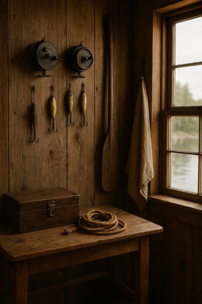 Rustic fishing cabin wall decorated with antique reels, oars, and old fishing lures. Soft light highlights a wooden table with a vintage tackle box, creating a nostalgic, lakeside feel.