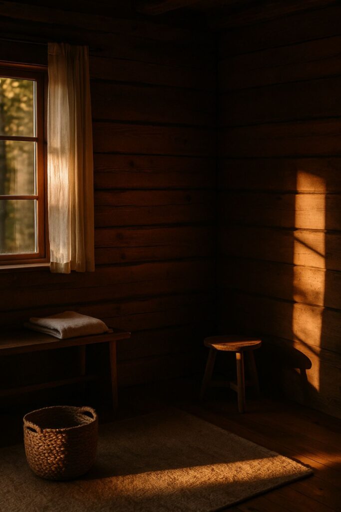 A rustic wooden cabin interior where golden sunlight meets soft shadow. A wool rug and woven basket sit on the floor as dappled autumn light creates a warm, peaceful balance across the space.