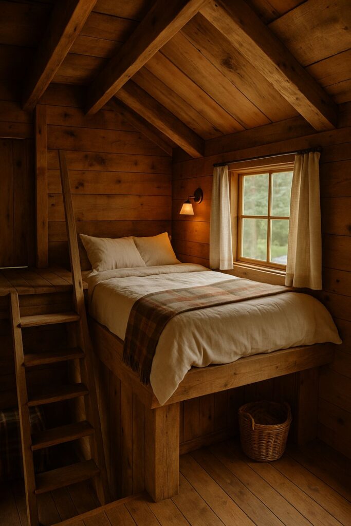 Rustic fishing cabin sleeping loft with linen bedding, wooden beams, and a ladder leading up. Sunlight filters through the window, creating a calm and inviting atmosphere.