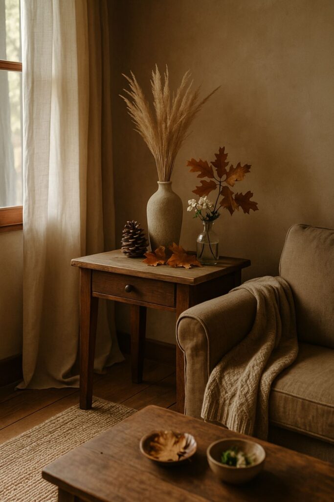 A rustic living room corner with a wooden console holding dried grasses, pinecones, autumn leaves, and a small vase of fresh flowers. Sunlight filters through the window, illuminating a wool throw and highlighting the natural textures that capture the essence of the changing seasons indoors.