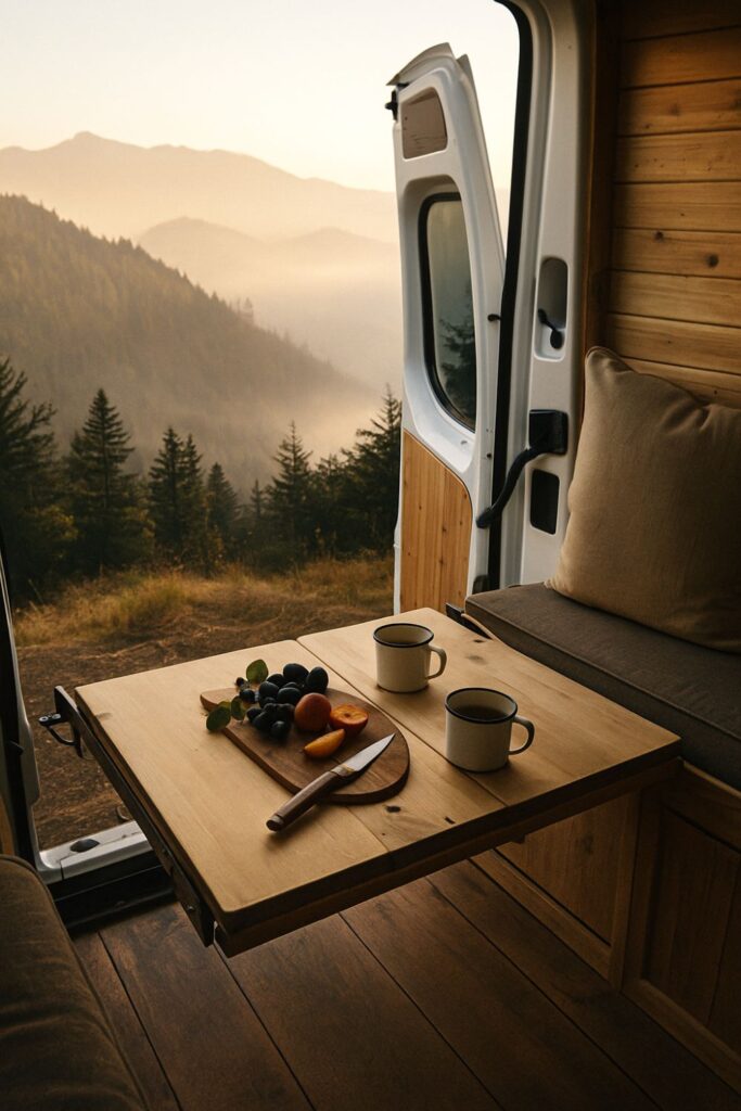 A camper van with open rear doors overlooking a misty mountain valley. A fold-down tailgate table holds enamel mugs, fruit, and a cutting board. Warm golden light highlights the wooden interior and soft linen details, creating a tranquil outdoor dining atmosphere.