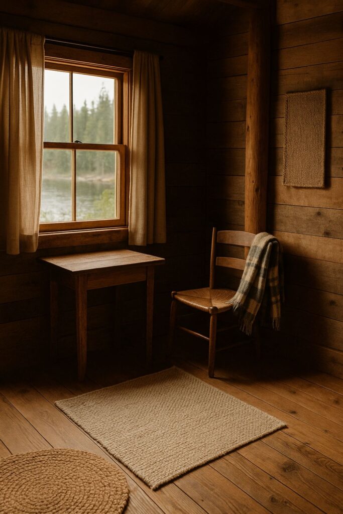 Rustic cabin interior with layered woven rugs in jute and wool, wooden floors, and soft natural light filtering through linen curtains. Earthy tones create a calm and inviting mood.