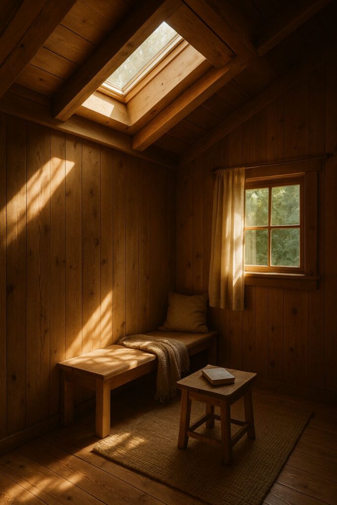 A tiny wooden cabin with a skylight that lets in soft autumn sunlight. The warm light falls across wooden beams and a small reading nook, filling the space with a natural golden glow.