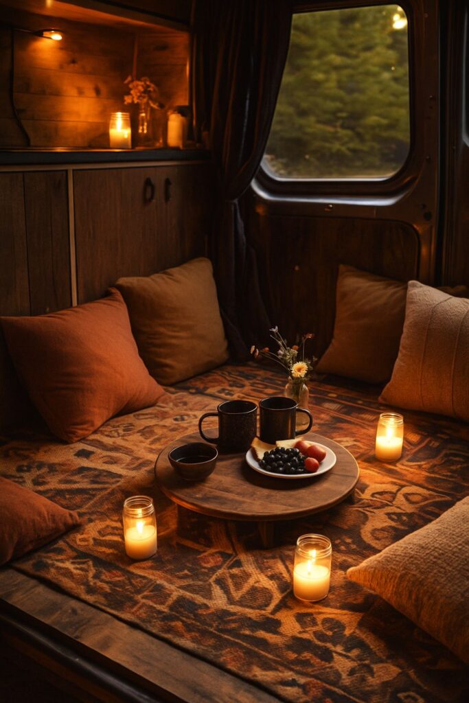 A boho-inspired camper van interior featuring a kilim rug, floor cushions, and a low wooden tray table with enamel mugs, fruit, and candles. The space glows with warm amber light, surrounded by rustic textures and earthy tones for a romantic, relaxed vanlife vibe.