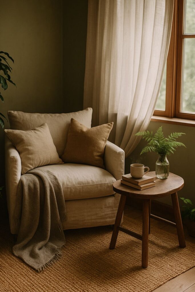 A sunlit reading nook with a cushioned chair by a window, a small wooden side table holding a cup of tea, books, and a vase of ferns. A woven rug and wool throw add texture, while sunlight filters through sheer curtains. The calm, earthy tones create a peaceful forest-inspired retreat indoors.