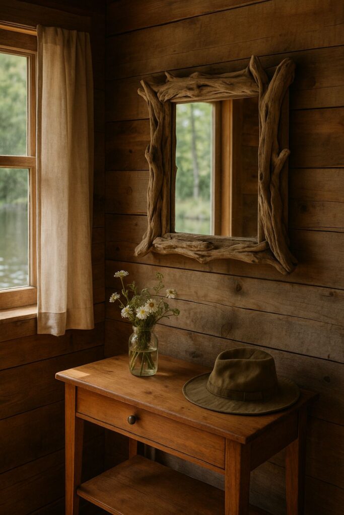 Rustic fishing cabin interior with a driftwood mirror, vase of wildflowers, and wooden table. Sunlight highlights the natural wood textures and coastal charm of the space.