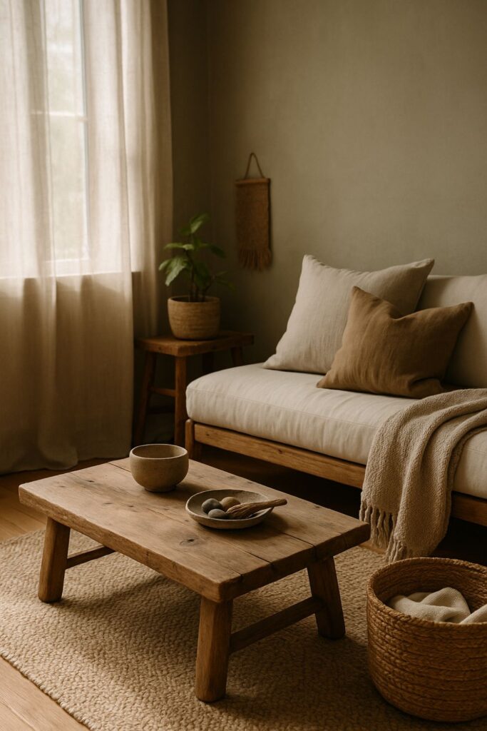 A rustic living room corner styled with a woven rug, wooden table, and linen cushions. Stoneware bowls, driftwood, and woven baskets add natural textures. Soft sunlight pours through linen curtains, casting a warm glow on the earthy, tactile surfaces for a calm, grounded look.