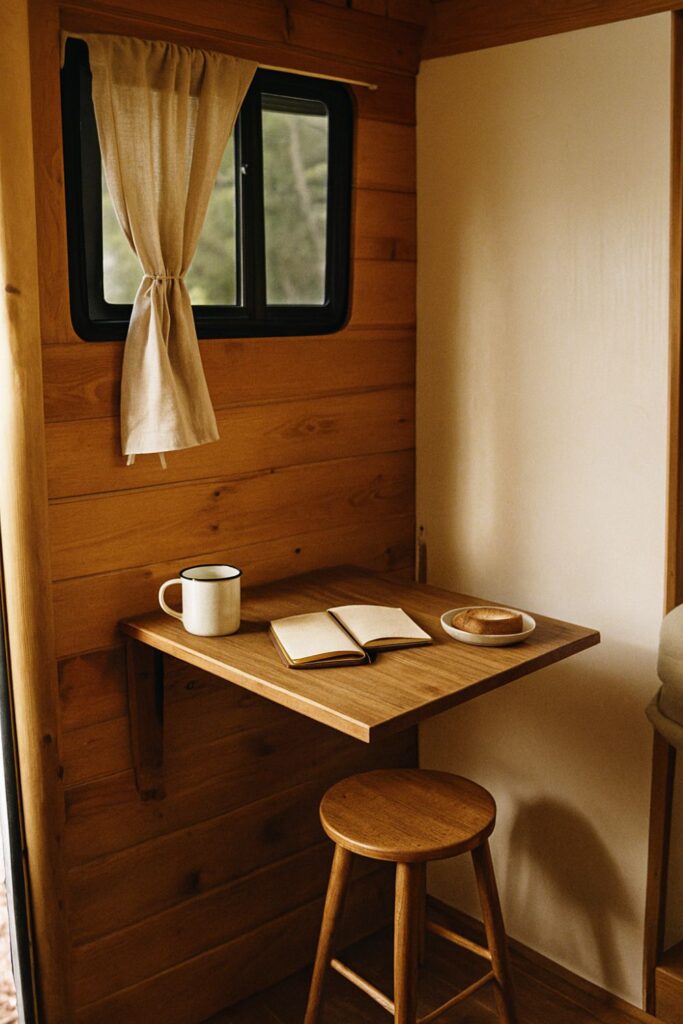 A minimalist camper van interior with a fold-down wooden wall table and a single stool. The table holds an enamel mug, toast, and a notebook. Sunlight streams through linen curtains, casting a warm, peaceful glow over the simple, space-saving dining setup.