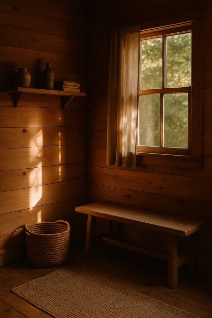 A tidy wooden cabin interior with sunlight streaming across a simple shelf of pottery and books. A woven basket sits on the floor near a bench, creating a warm, minimalist autumn mood.