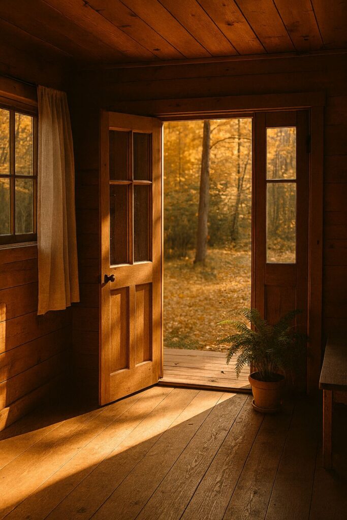 A tiny cabin interior opens to a forest outside, with golden autumn light streaming in. Potted ferns and linen curtains sway gently, blurring the line between indoors and nature in a warm, earthy setting.