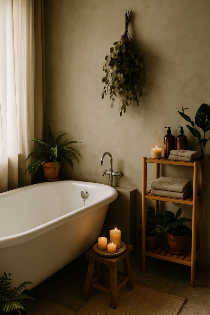 A serene bathroom with a freestanding white tub surrounded by plants and natural textures. A bamboo shelf holds candles and towels, while dried eucalyptus hangs above. Sunlight pours through the window, highlighting stone details and creating a warm, forest-inspired spa atmosphere.