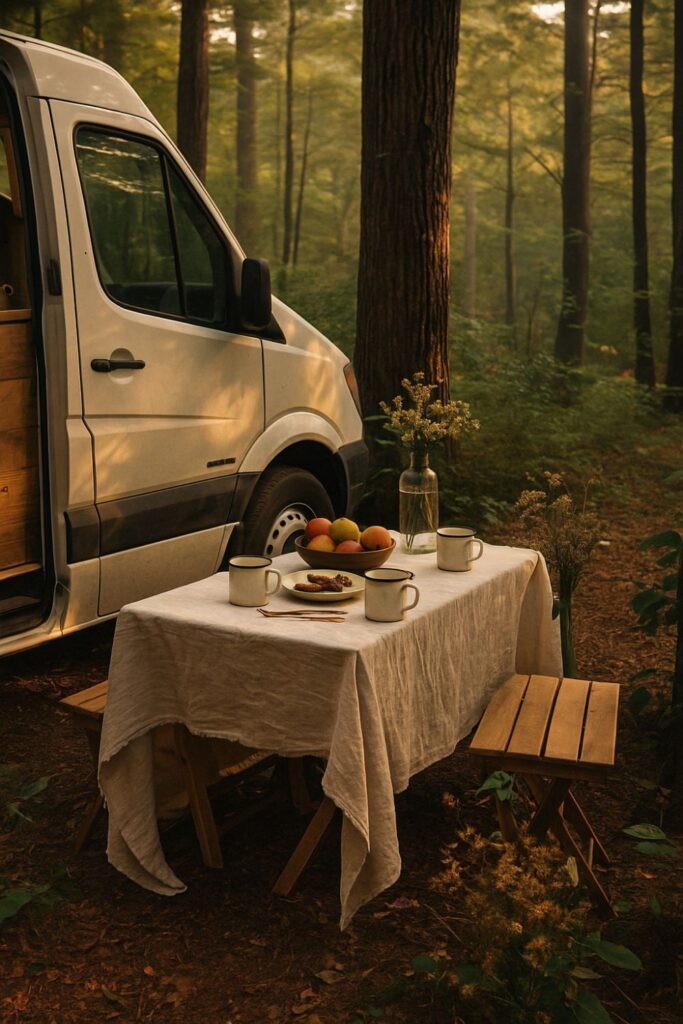 A camper van parked in a forest clearing with an outdoor dining setup nearby. A wooden table draped in a linen cloth is surrounded by wildflowers and dappled sunlight. Enamel mugs, fruit, and a glass bottle of water sit on the table, evoking a serene, nature-inspired alfresco meal.