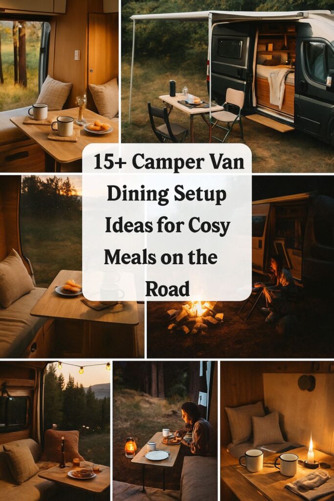 ChatGPT said:

A warm, rustic collage of six camper van dining setups, each bathed in golden light. Scenes include wooden tables with enamel mugs, cosy van interiors, an awning dining area, and a campfire meal. The bold text overlay reads “15+ Camper Van Dining Setup Ideas for Cosy Meals on the Road” in an earthy serif font, matching the relaxed vanlife aesthetic.