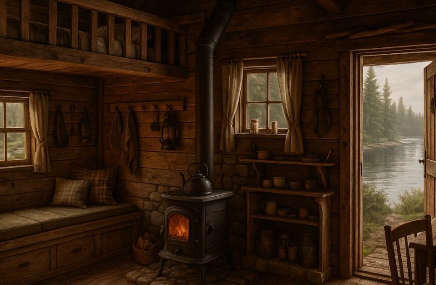 Interior of a small rustic fishing cabin with reclaimed wood walls, a potbelly stove, plaid cushions, and shelves of mugs. Soft golden light filters through windows and an open door revealing a tranquil lakeside view surrounded by pine trees.