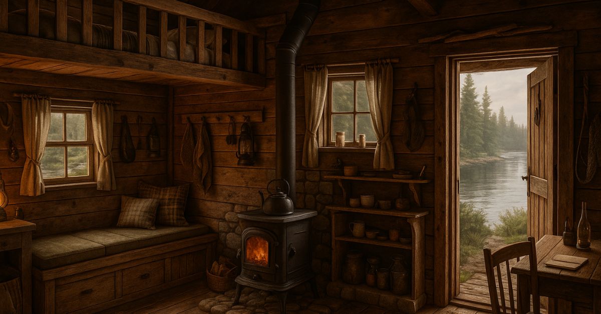 Interior of a small rustic fishing cabin with reclaimed wood walls, a potbelly stove, plaid cushions, and shelves of mugs. Soft golden light filters through windows and an open door revealing a tranquil lakeside view surrounded by pine trees.