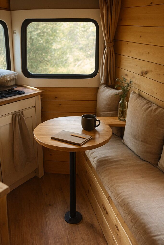 A camper van interior featuring a sleek wooden lagoon table mounted on a swivelling leg between a cushioned bench and kitchen area. A mug, notebook, and wildflowers sit on the table as daylight streams through the windows, creating a calm, adaptable space for dining or work.