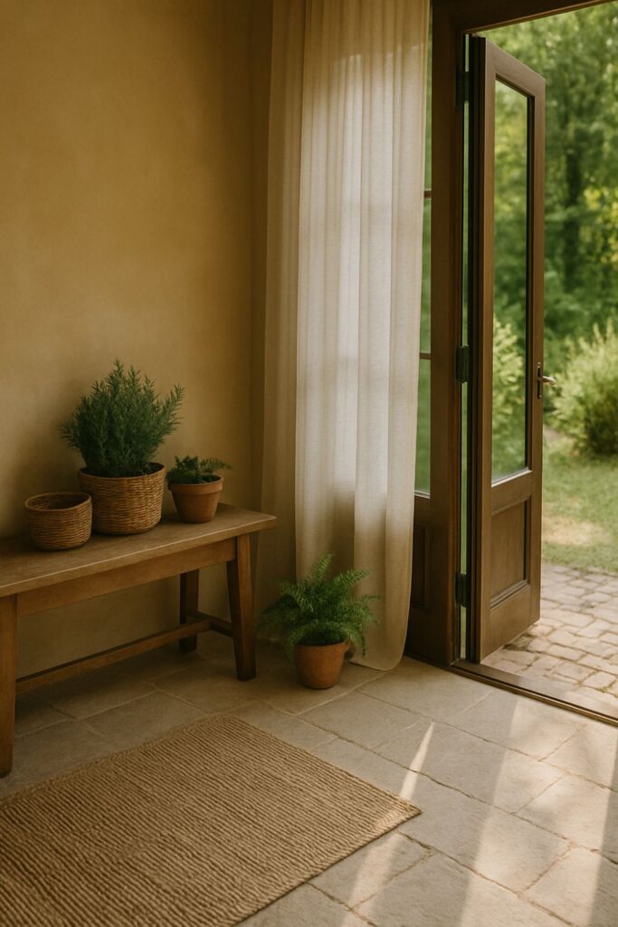 A rustic living space with a large glass door opening to a sunlit garden. A wooden bench by the door holds potted herbs, woven baskets, and a linen throw. Sheer curtains frame the view, and sunlight spills across the stone floor, blending the indoors with the outdoors in a serene, natural flow.