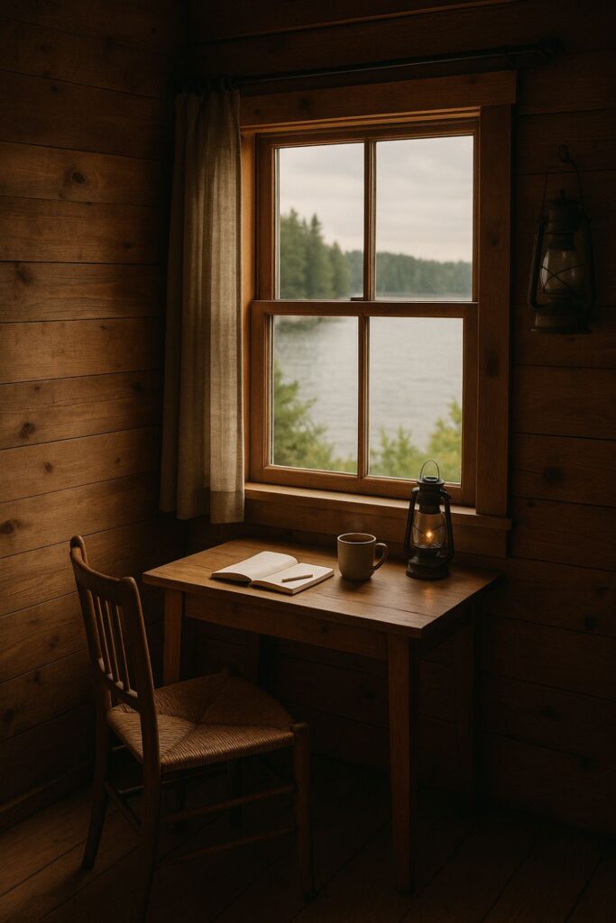 Rustic fishing cabin workspace with a wooden desk by a window overlooking a lake. A notebook, lantern, and coffee cup rest on the desk, surrounded by warm wood tones and soft daylight.