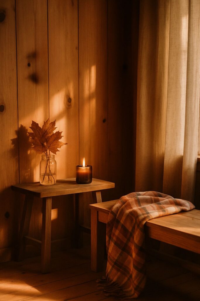 A tiny wooden cabin interior with simple autumn decor — dried leaves in a jar, a branch of berries, and a candle glowing on a table. Soft sunlight and a plaid blanket add warmth to the rustic, natural setting.