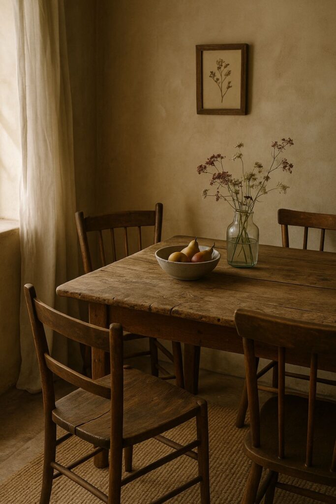 A rustic dining area with a weathered wooden table, mismatched chairs, and a handmade ceramic bowl filled with fruit. A vase of slightly wilted wildflowers catches soft sunlight from a nearby window. The room feels warm and natural, celebrating the quiet beauty of imperfection.