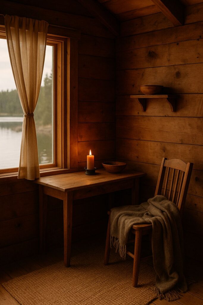 Rustic fishing cabin interior with layered textures—linen curtains, wool blankets, and wooden furniture. A candle glows softly beside a window with a lakeside view, creating a warm and inviting mood.