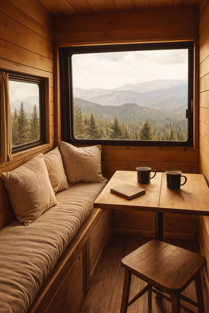 A camper van dining nook with a long cushioned bench beside a wide window overlooking a forested mountain view. A small wooden table holds enamel mugs and a notebook, while sunlight filters through, creating a serene, nature-connected atmosphere.