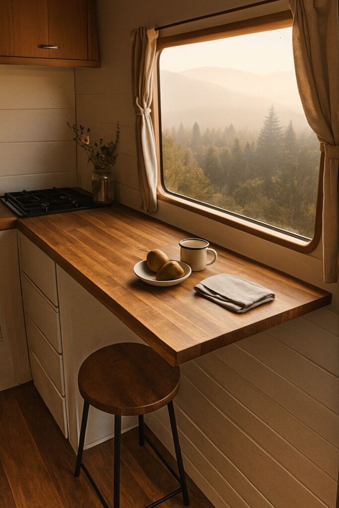 A minimalist camper van interior with a wooden countertop extending from the kitchenette. A stool sits beneath the counter, and on top are an enamel mug, fruit, and a linen napkin. Sunlight streams through the window, illuminating the simple, multifunctional vanlife dining space.