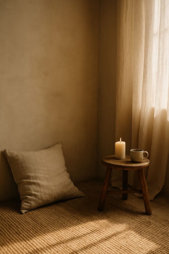 A serene corner with a linen cushion on a woven rug, a small wooden stool holding a candle and ceramic mug, and sunlight filtering through sheer curtains. The plaster walls and soft textures create a calm, meditative atmosphere for stillness and quiet reflection.