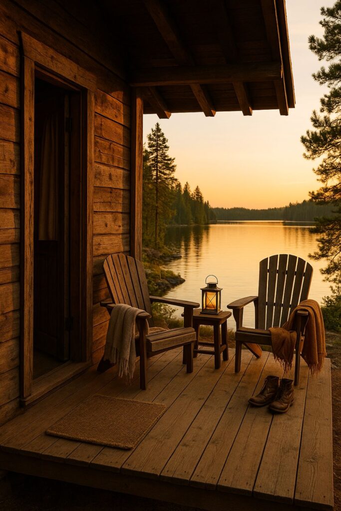 Small rustic cabin porch overlooking a calm lake, with two wooden chairs, woven throws, and a lantern on a small table. The golden light of sunset creates a tranquil, inviting lakeside mood.