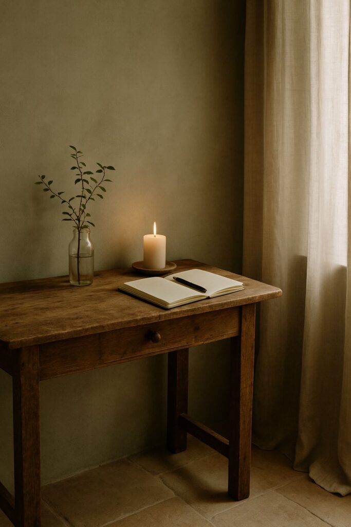 A rustic entryway with a wooden console table holding a lit candle, a small jar with greenery, and an open journal. Soft morning light filters through linen curtains, creating a calm, reflective space that encourages gratitude and connection with nature.