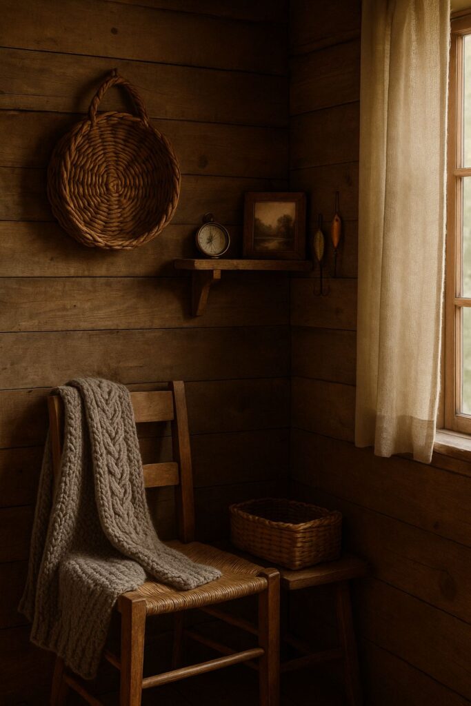 Rustic fishing cabin interior with handmade touches—a woven basket, knitted blanket, and wooden shelf holding a compass and photo. Soft light adds warmth and nostalgia.